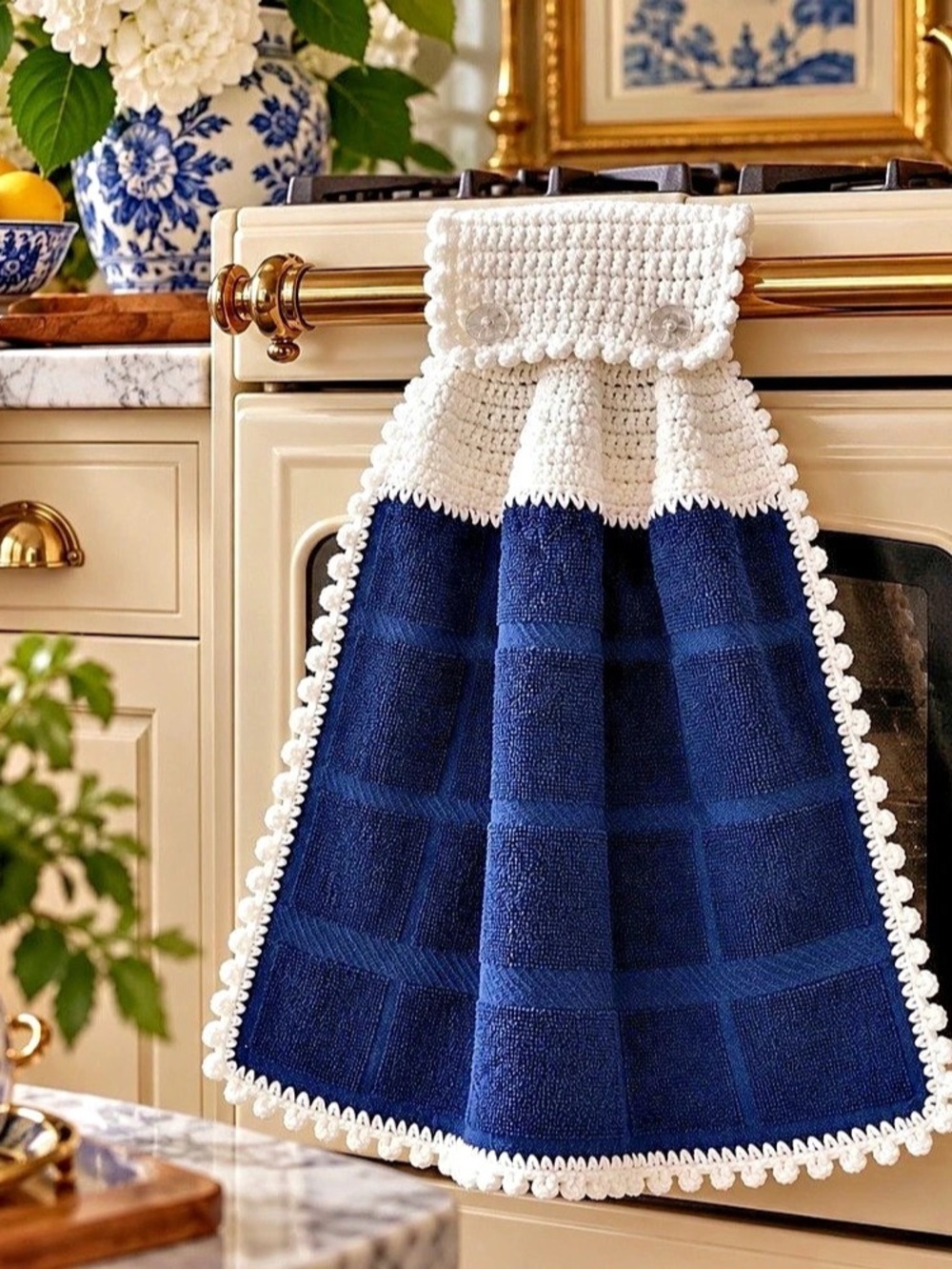 Artisan Handmade Crochet Hanging Kitchen Towel Navy Blue White Yarn